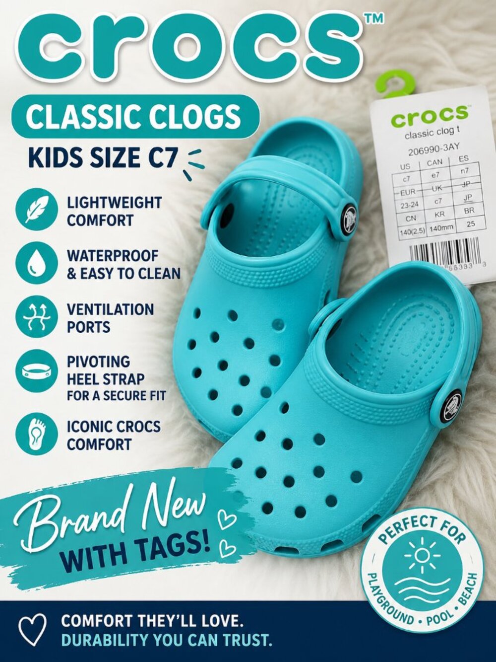 Crocs Classic Clogs Kids C7 Aqua Blue Turquoise Waterproof Shoes NWT Authentic